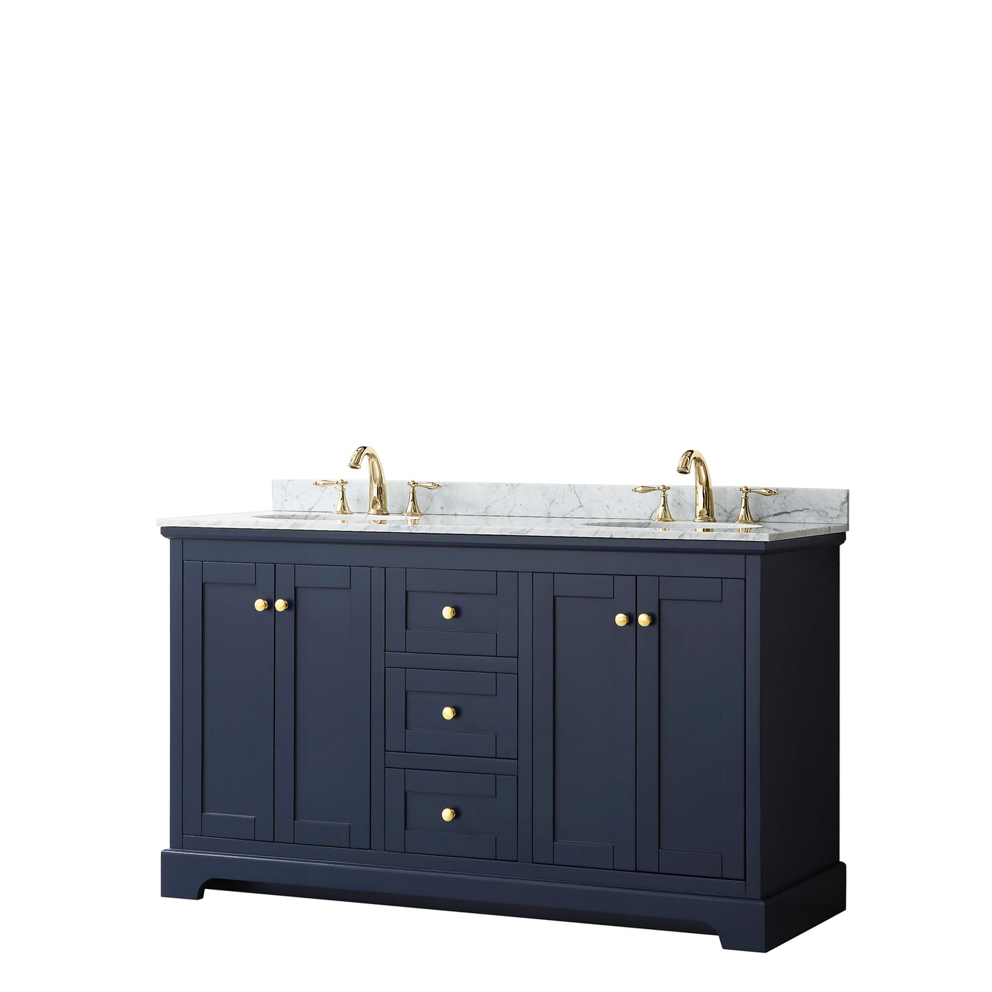 Avery 60 Inch Double Bathroom Vanity in Dark Blue, White Carrara Marble Countertop, Undermount Oval Sinks, and No Mirror