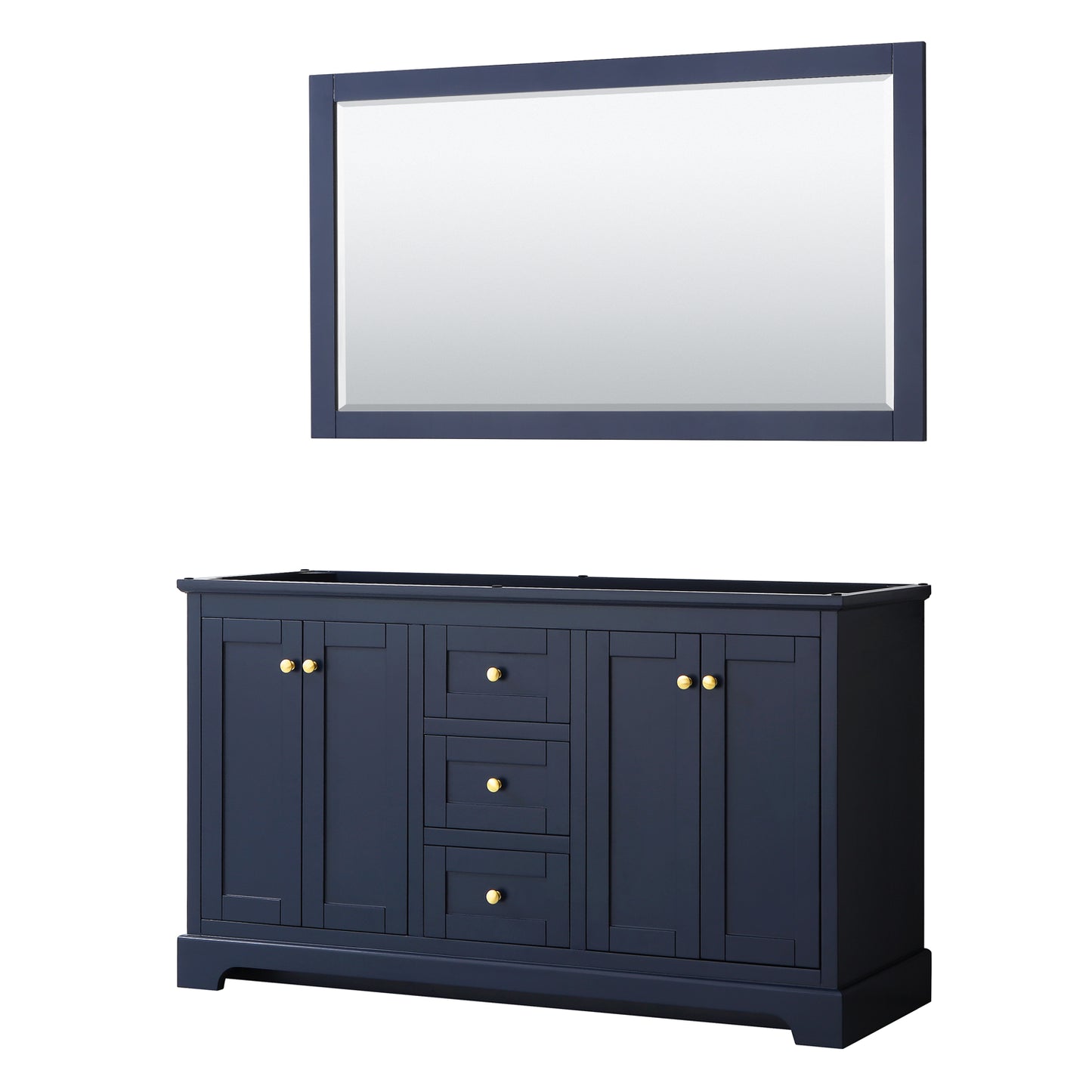 Avery 60 Inch Double Bathroom Vanity in Dark Blue, No Countertop, No Sinks, and 58 Inch Mirror