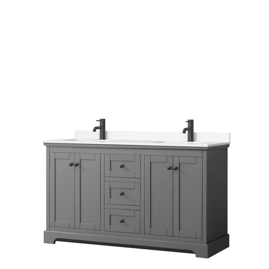 Avery 60" Double Vanity in Dark Gray, White Cultured Marble Top, Black Trim