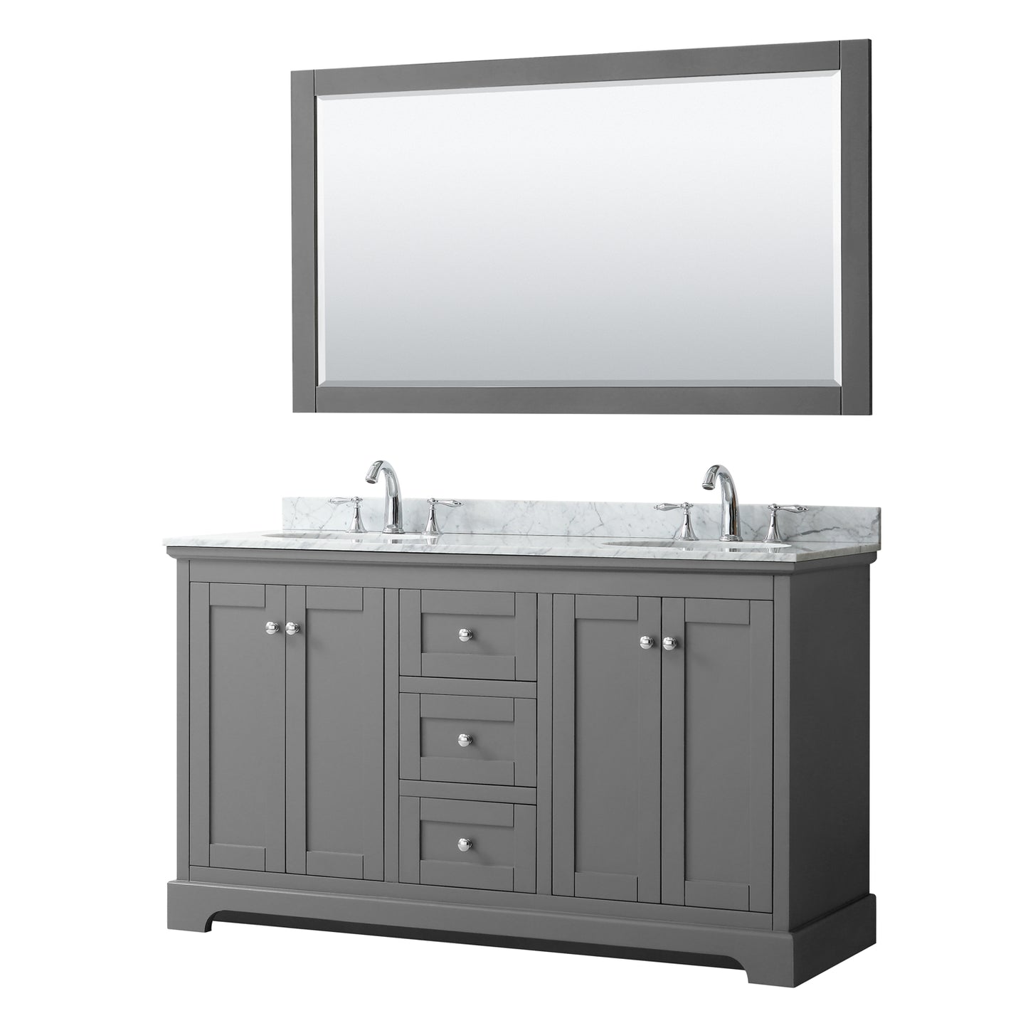 Avery 60 Inch Double Bathroom Vanity in Dark Gray, White Carrara Marble Countertop, Undermount Oval Sinks, and 58 Inch Mirror