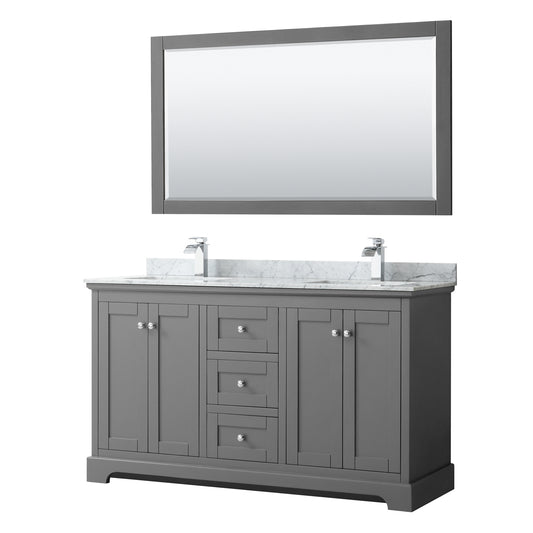 Avery 60 Inch Double Bathroom Vanity in Dark Gray, White Carrara Marble Countertop, Undermount Square Sinks, and 58 Inch Mirror