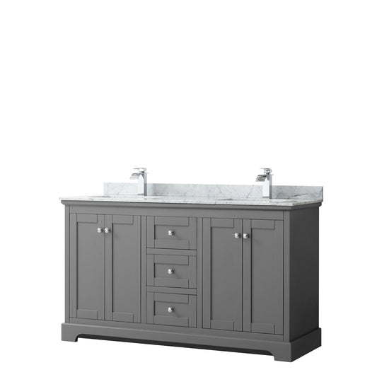 Avery 60 Inch Double Bathroom Vanity in Dark Gray, White Carrara Marble Countertop, Undermount Square Sinks, and No Mirror