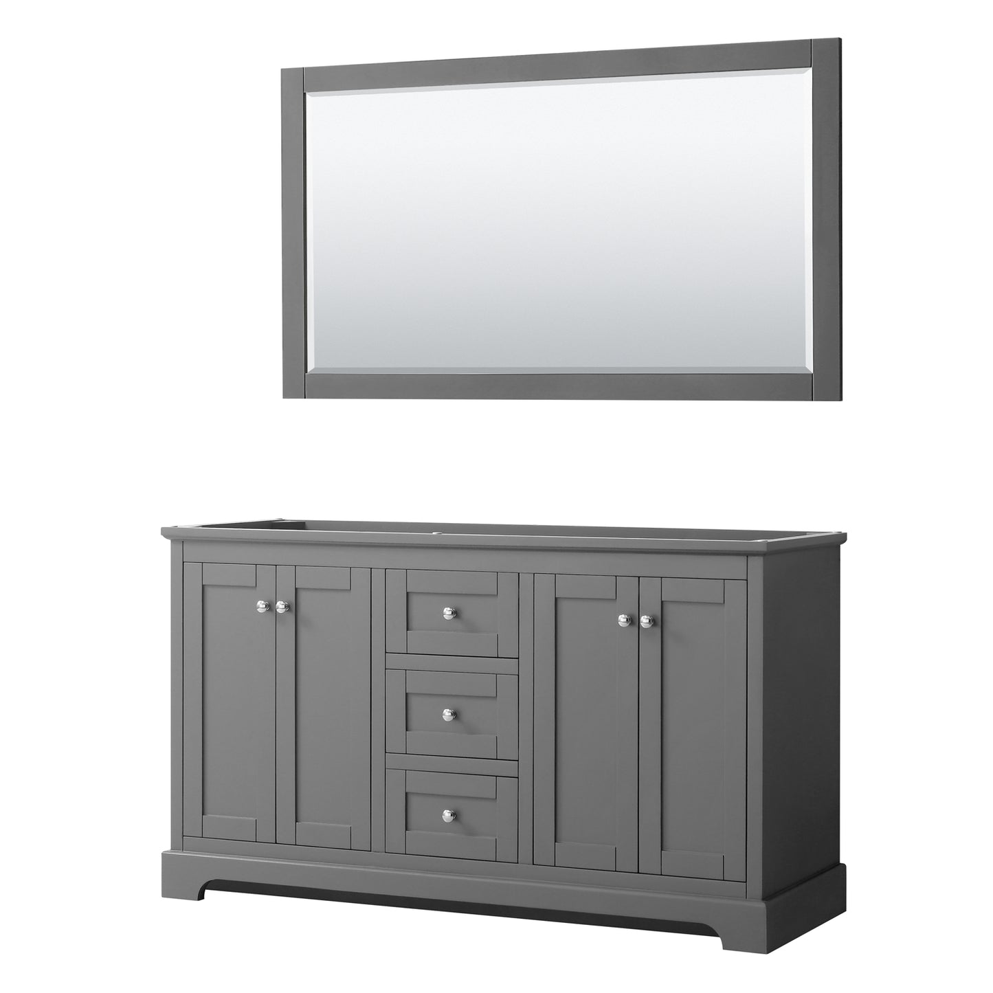 Avery 60 Inch Double Bathroom Vanity in Dark Gray, No Countertop, No Sinks, and 58 Inch Mirror