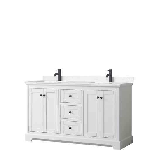 Avery 60" Double Vanity in White, Carrara Cultured Marble Top, Black Trim