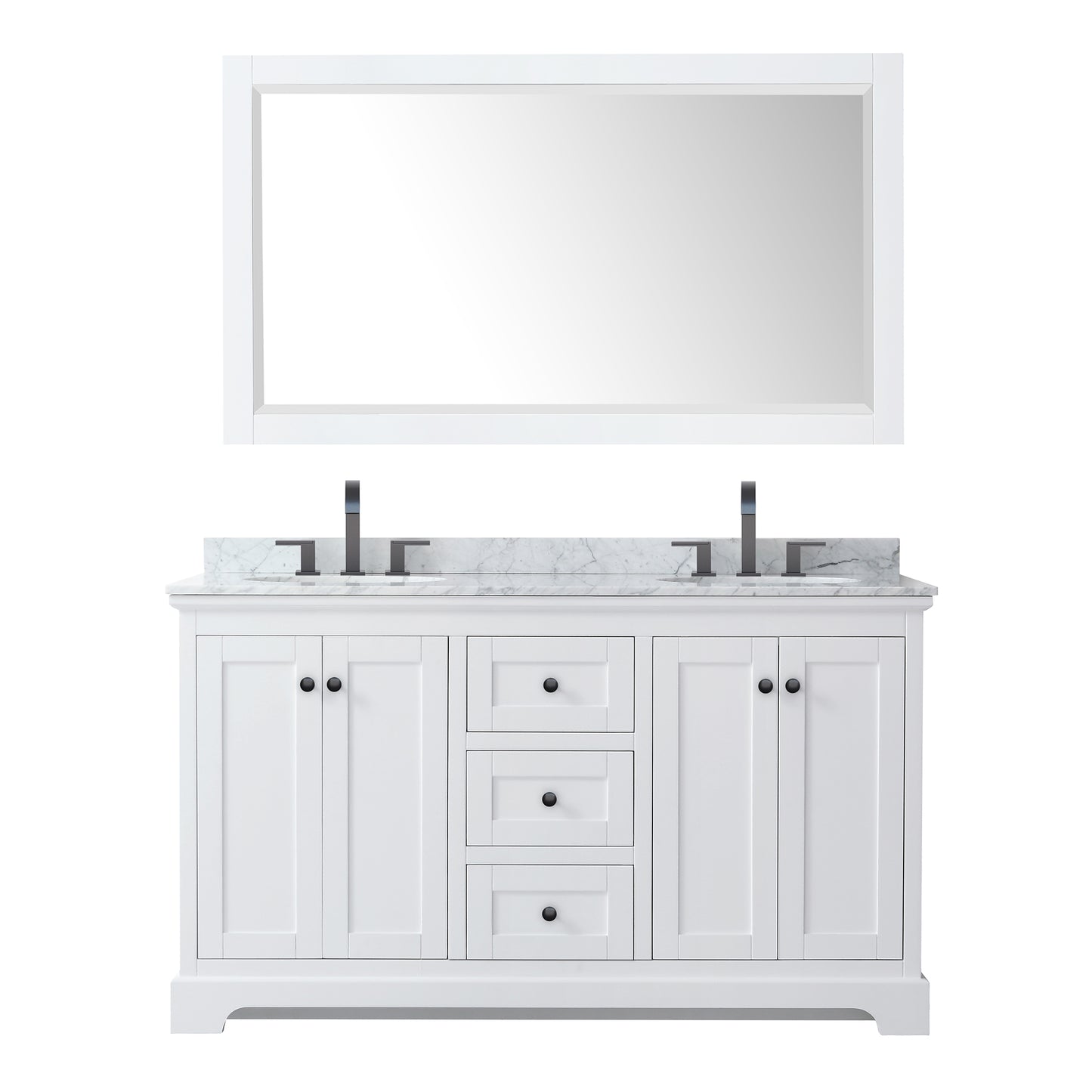 Avery 60" Double Vanity in White, Top, Oval Sinks, Matte Black Trim, 58" Mirror