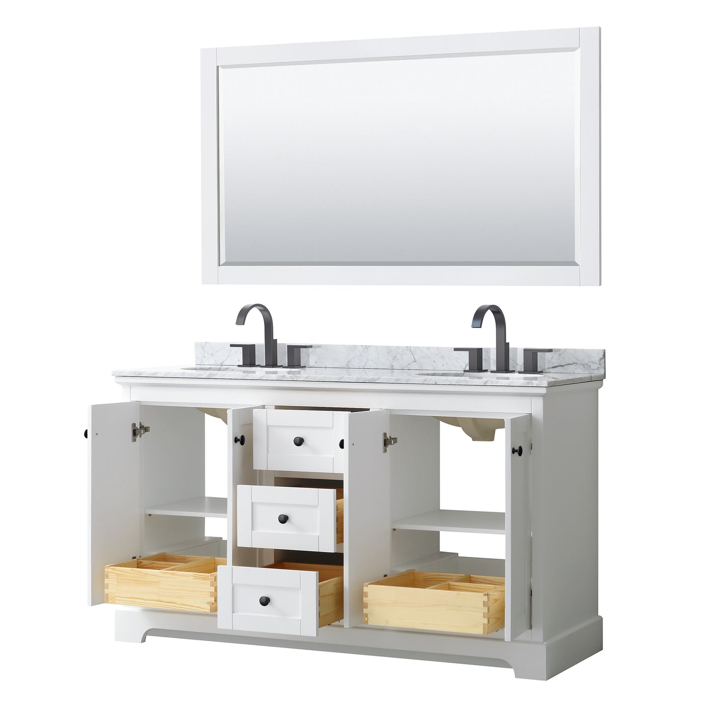 Avery 60" Double Vanity in White, Top, Oval Sinks, Matte Black Trim, 58" Mirror