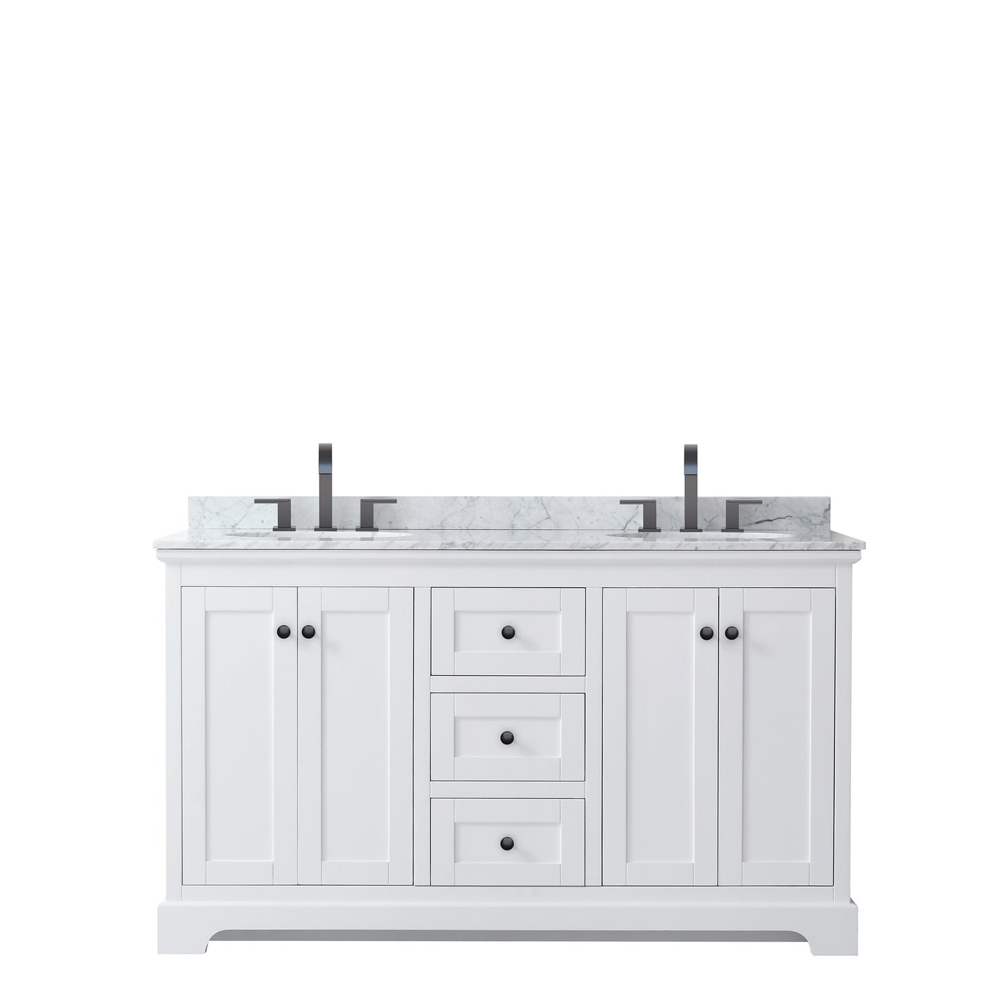 Avery 60" Double Vanity in White, Top, Oval Sinks, Matte Black Trim