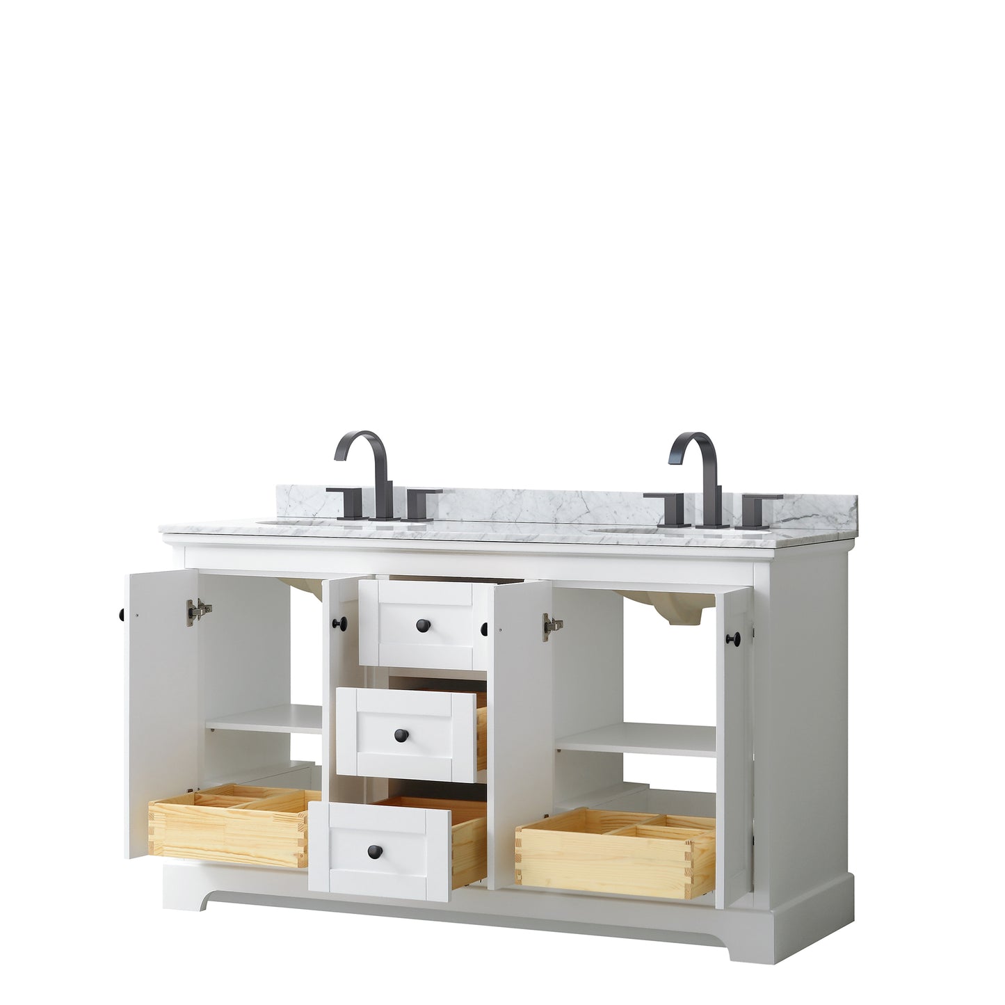 Avery 60" Double Vanity in White, Top, Oval Sinks, Matte Black Trim