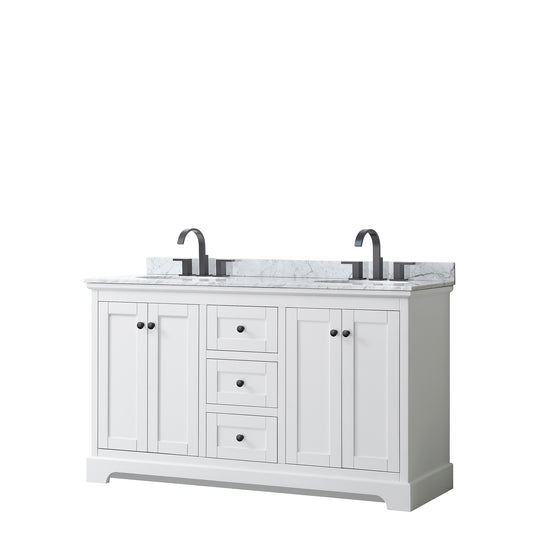 Avery 60" Double Vanity in White, Top, Oval Sinks, Matte Black Trim