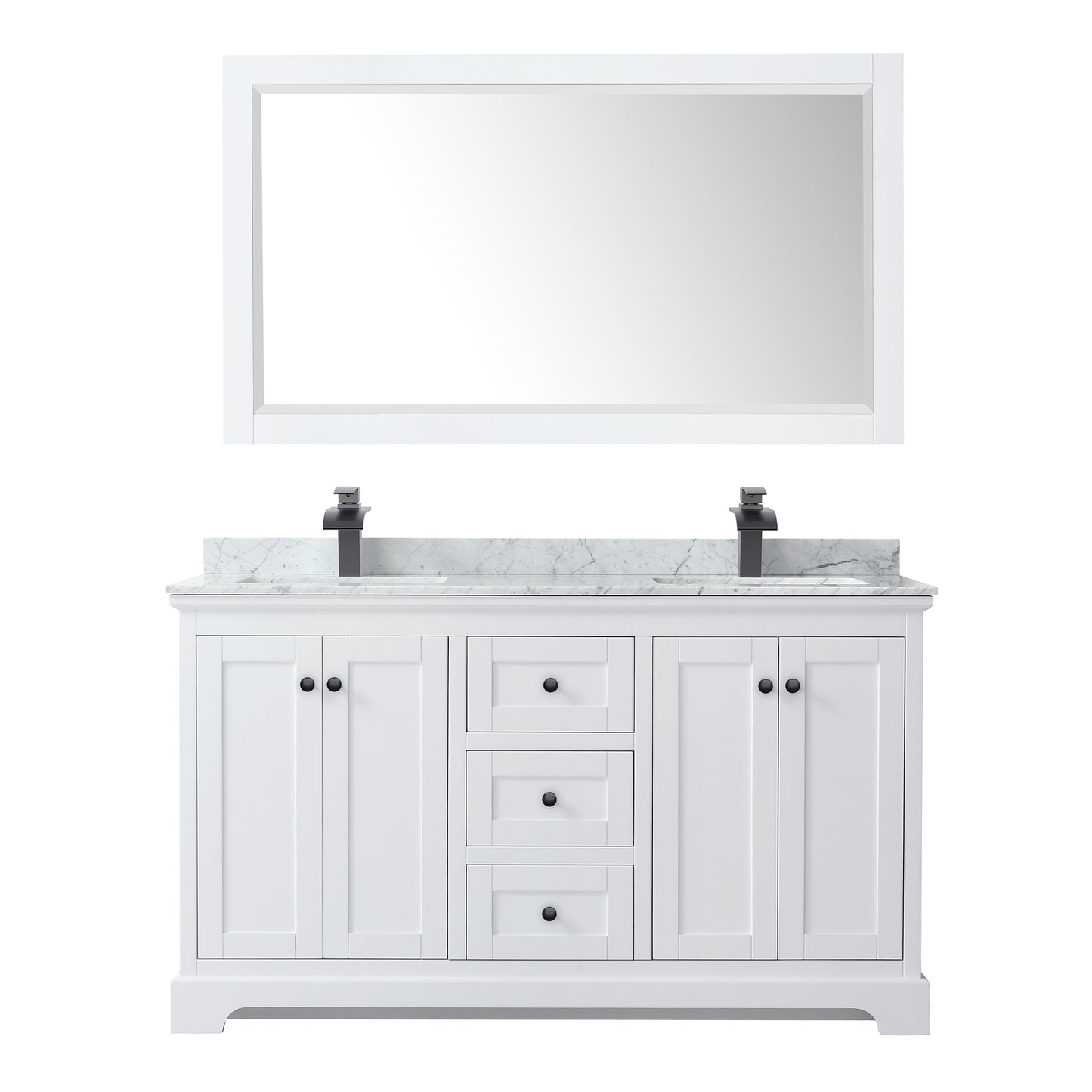 Avery 60" Double Vanity in White, Top, Square Matte Black Trim, 58" Mirror