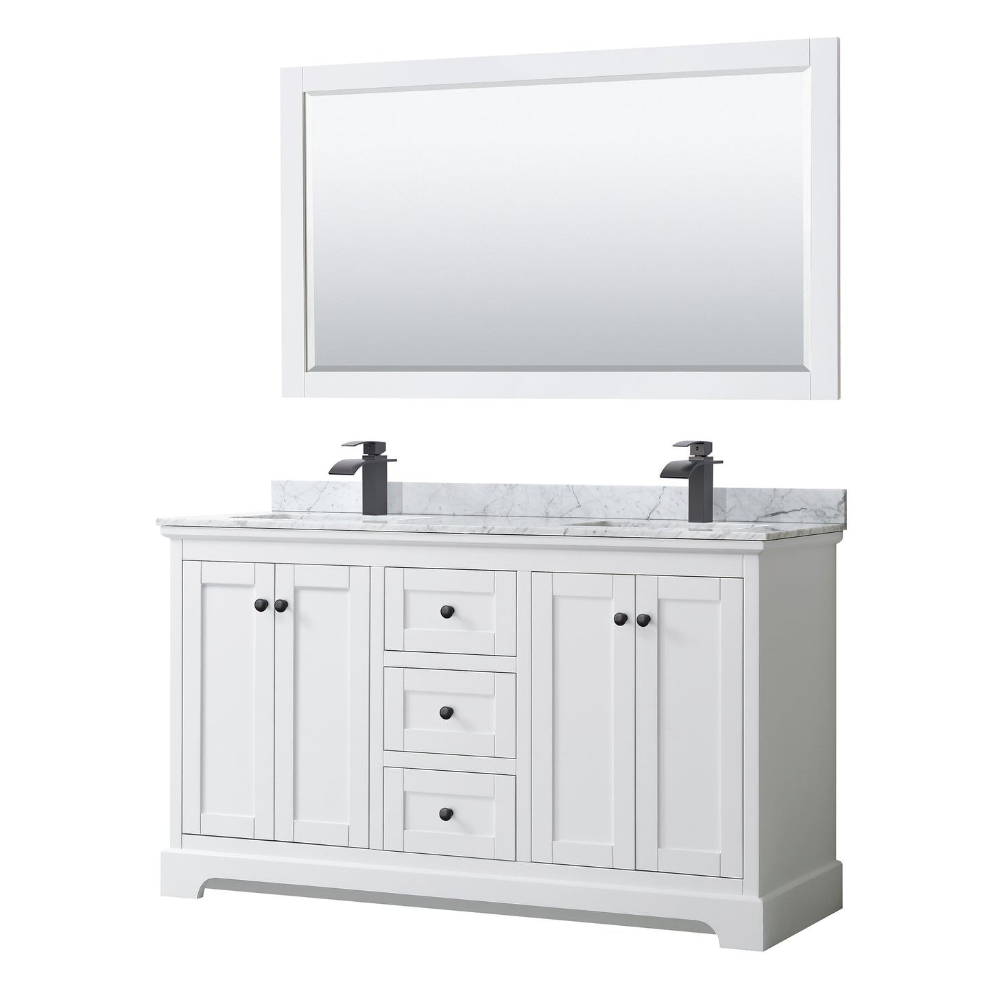 Avery 60" Double Vanity in White, Top, Square Matte Black Trim, 58" Mirror