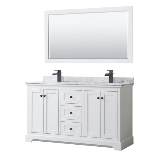 Avery 60" Double Vanity in White, Top, Square Matte Black Trim, 58" Mirror