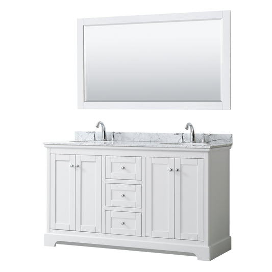 Avery 60 Inch Double Bathroom Vanity in White, White Carrara Marble Countertop, Undermount Oval Sinks, and 58 Inch Mirror