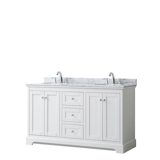 Avery 60 Inch Double Bathroom Vanity in White, White Carrara Marble Countertop, Undermount Oval Sinks, and No Mirror