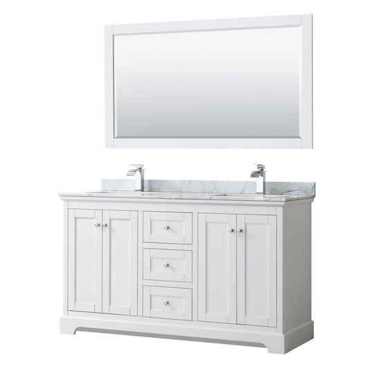 Avery 60 Inch Double Bathroom Vanity in White, White Carrara Marble Countertop, Undermount Square Sinks, and 58 Inch Mirror