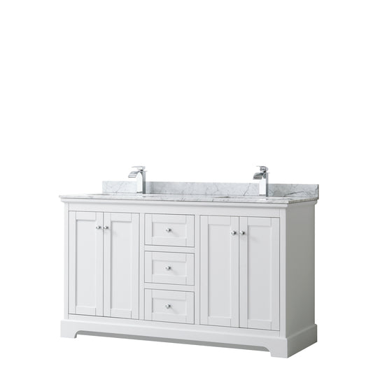 Avery 60 Inch Double Bathroom Vanity in White, White Carrara Marble Countertop, Undermount Square Sinks, and No Mirror