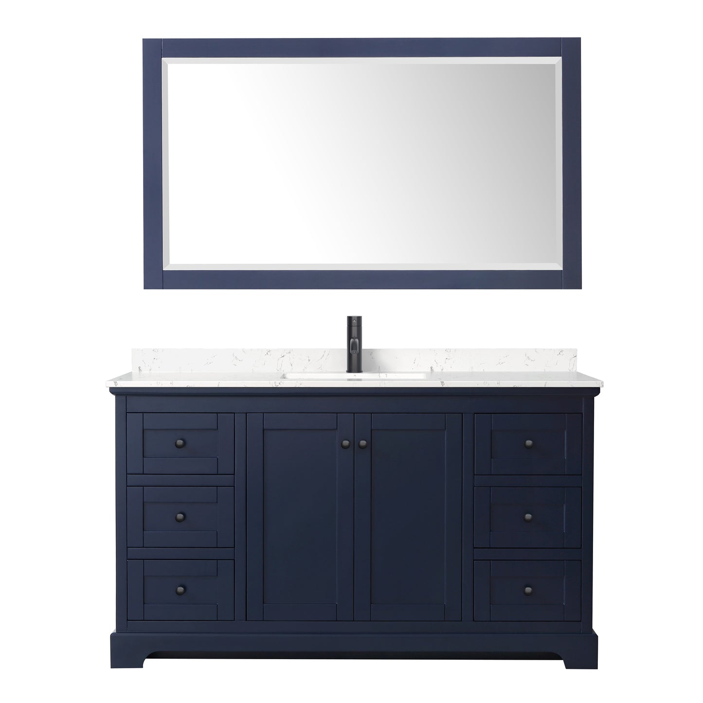 Avery 60" Single Vanity in Dark Blue, Carrara Marble Top, Black Trim, 58" Mirror