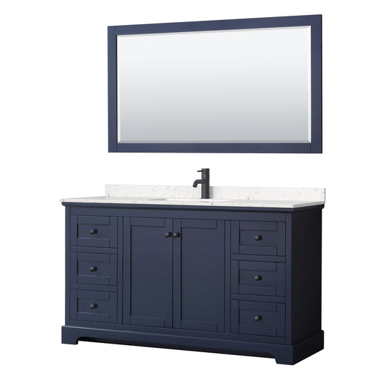 Avery 60" Single Vanity in Dark Blue, Carrara Marble Top, Black Trim, 58" Mirror