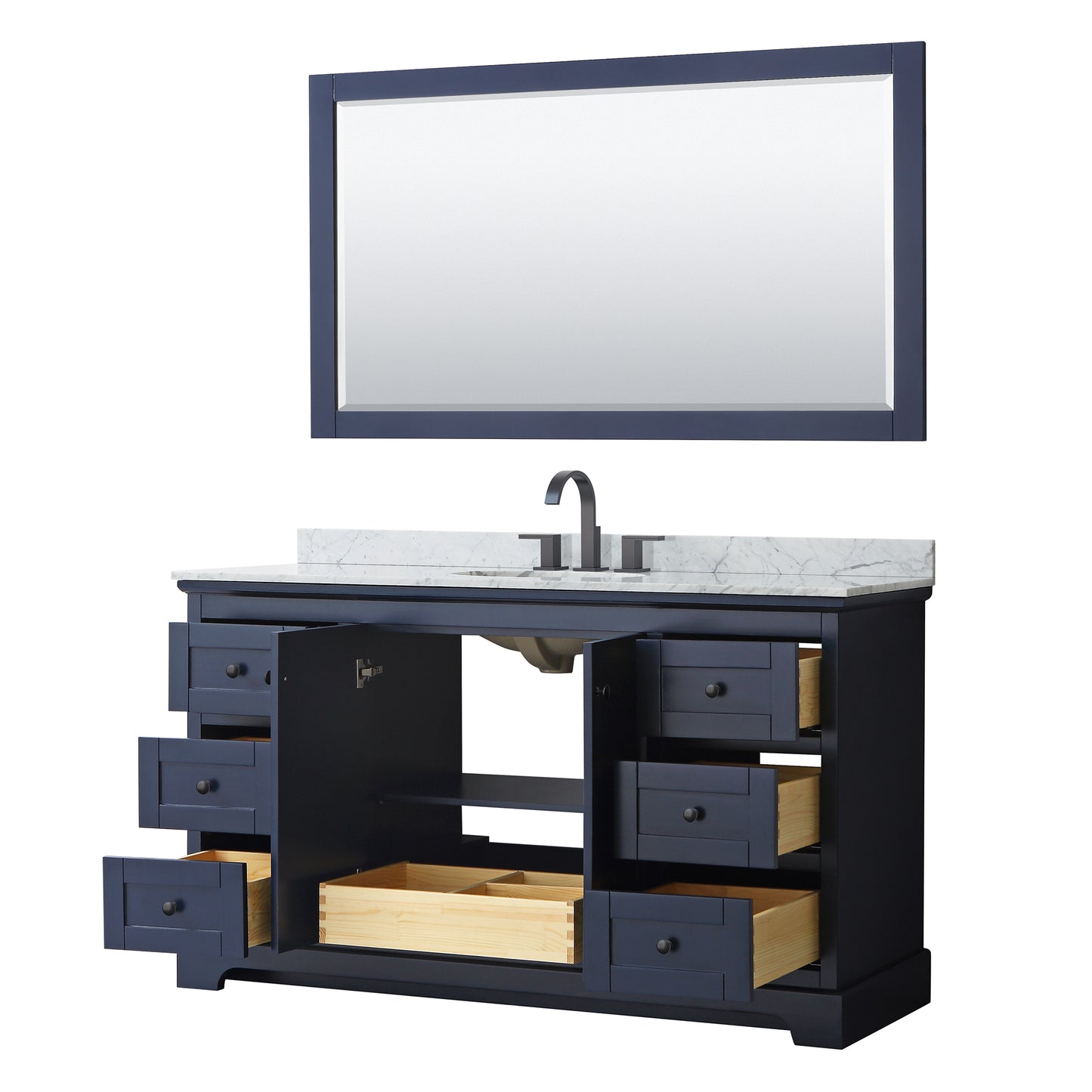 Avery 60" Single Vanity in Dark Blue, Top, Oval Matte Black Trim, 58" Mirror