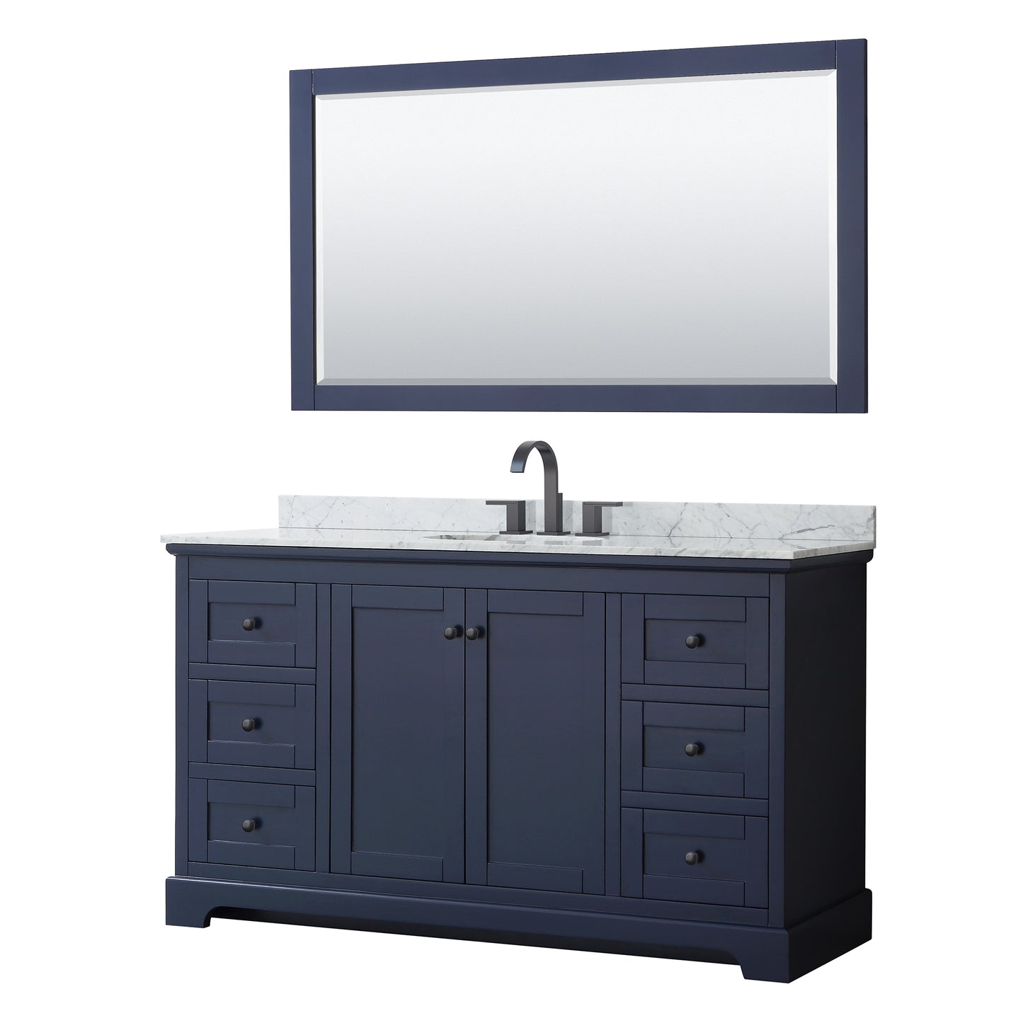 Avery 60" Single Vanity in Dark Blue, Top, Oval Matte Black Trim, 58" Mirror