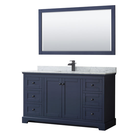 Avery 60" Single Vanity in Dark Blue, Top, Square Matte Black Trim, 58" Mirror