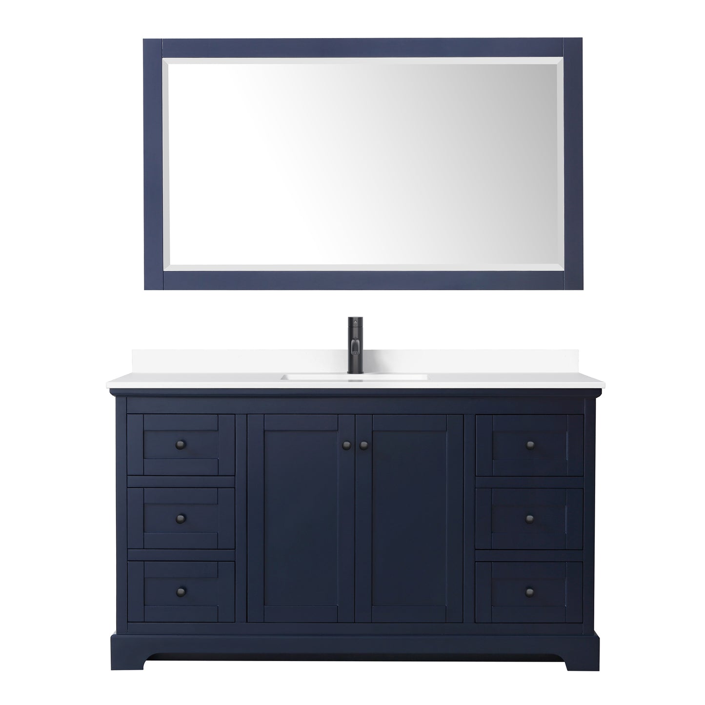 Avery 60" Single Vanity in Dark Blue, White Marble Top, Black Trim, 58" Mirror