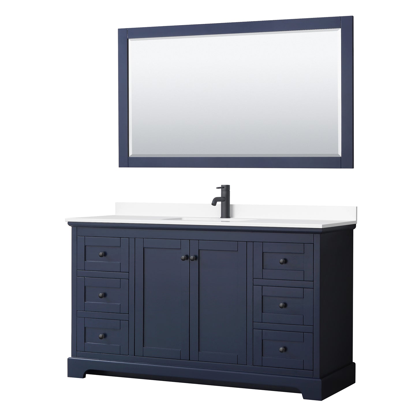 Avery 60" Single Vanity in Dark Blue, White Marble Top, Black Trim, 58" Mirror