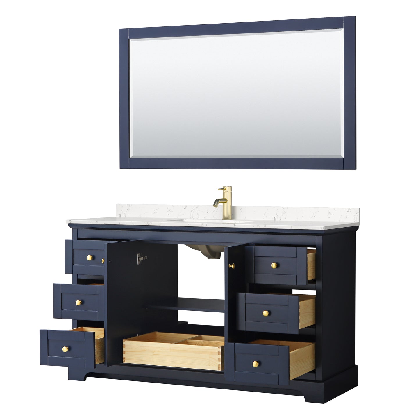 Avery 60" Single Vanity in Dark Blue, Carrara Cultured Marble Top, 58" Mirror