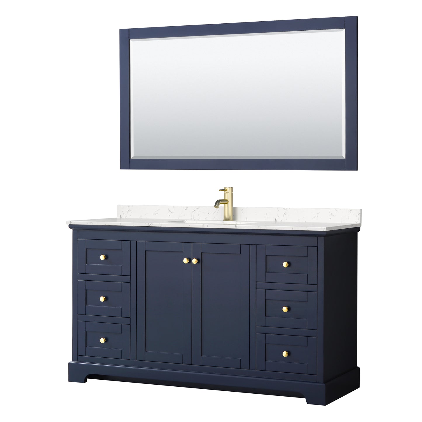 Avery 60" Single Vanity in Dark Blue, Carrara Cultured Marble Top, 58" Mirror