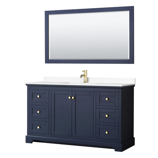 Avery 60" Single Vanity in Dark Blue, White Cultured Marble Top, 58" Mirror