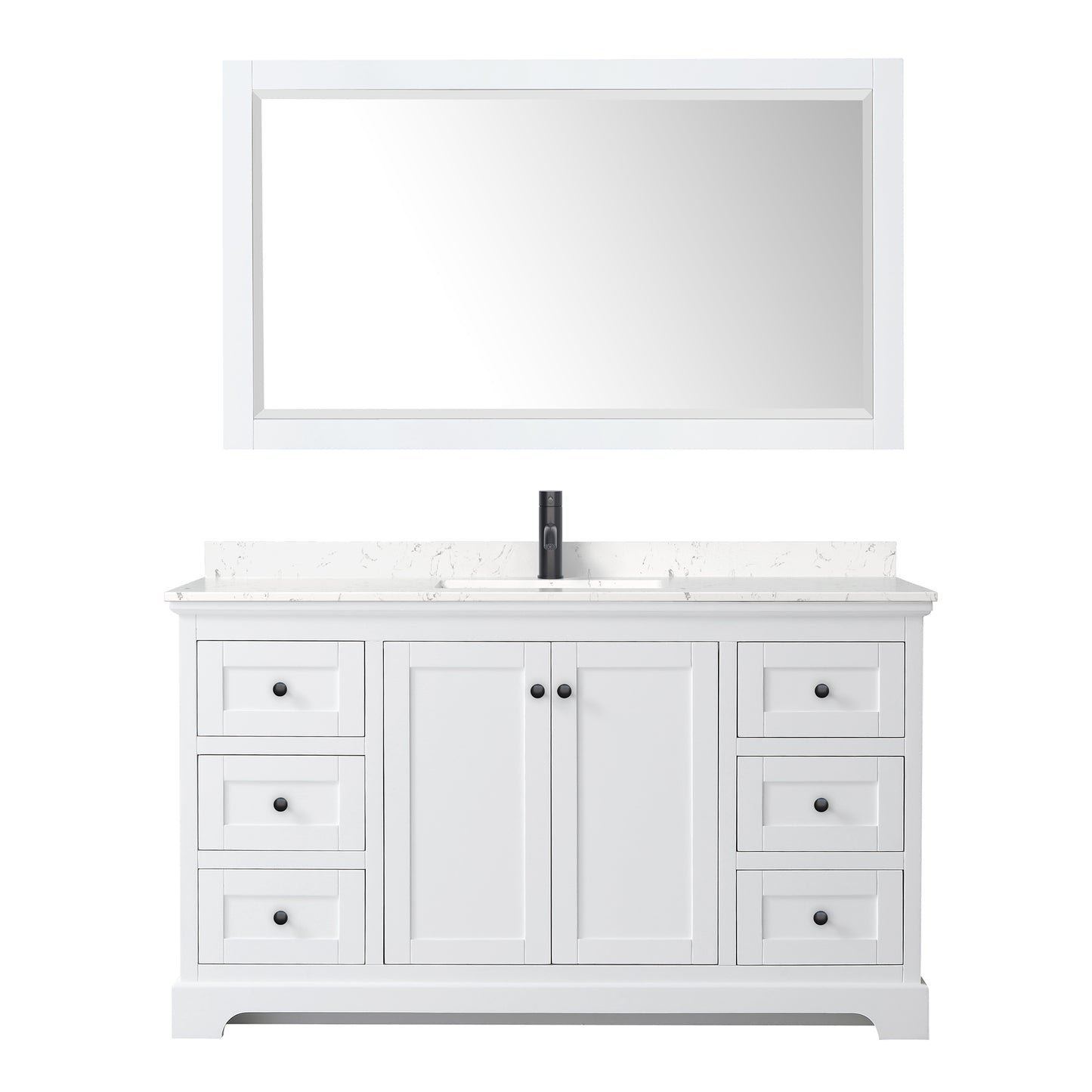 Avery 60" Single Vanity in White, Carrara Marble Top, Black Trim, 58" Mirror