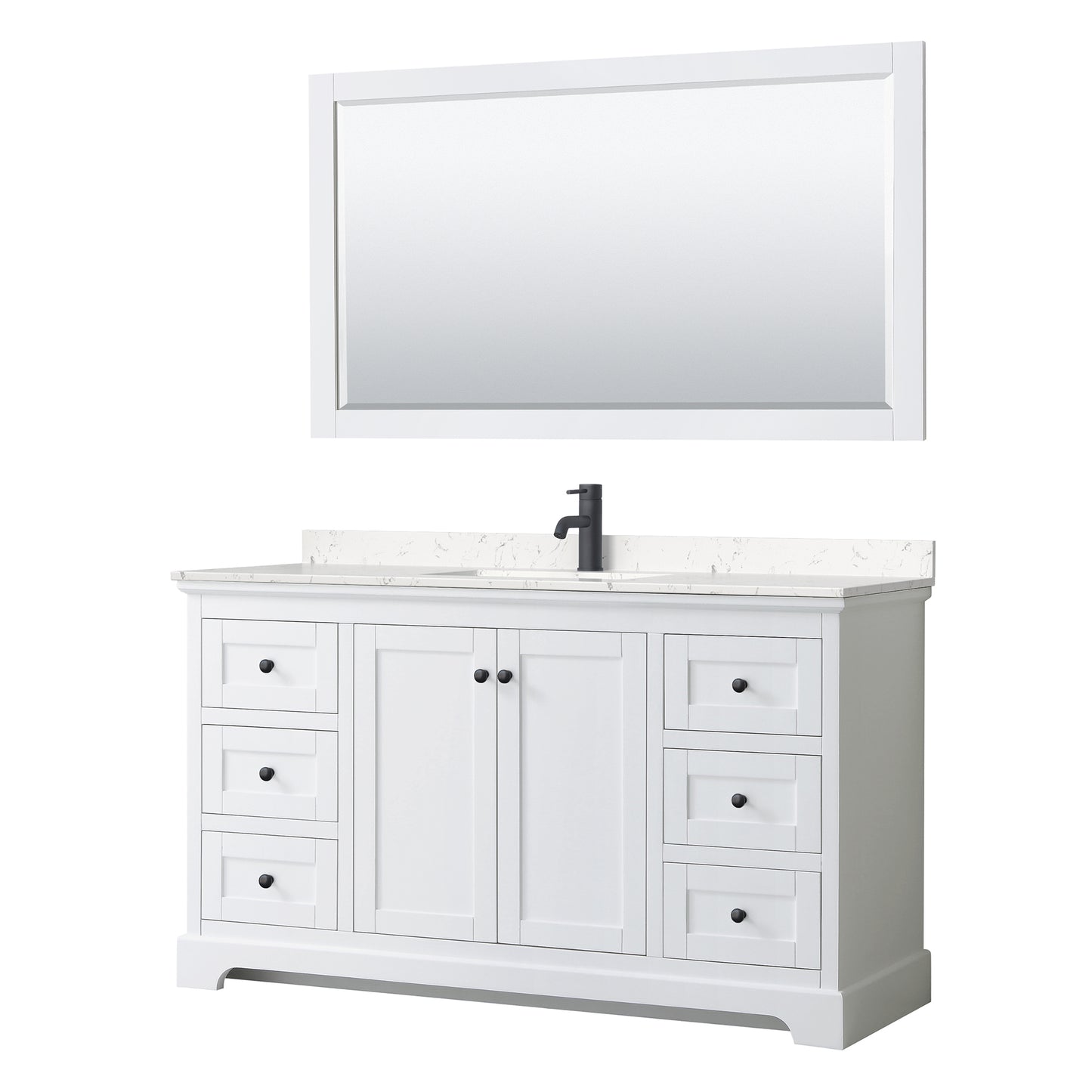 Avery 60" Single Vanity in White, Carrara Marble Top, Black Trim, 58" Mirror