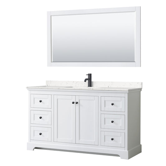 Avery 60" Single Vanity in White, Carrara Marble Top, Black Trim, 58" Mirror