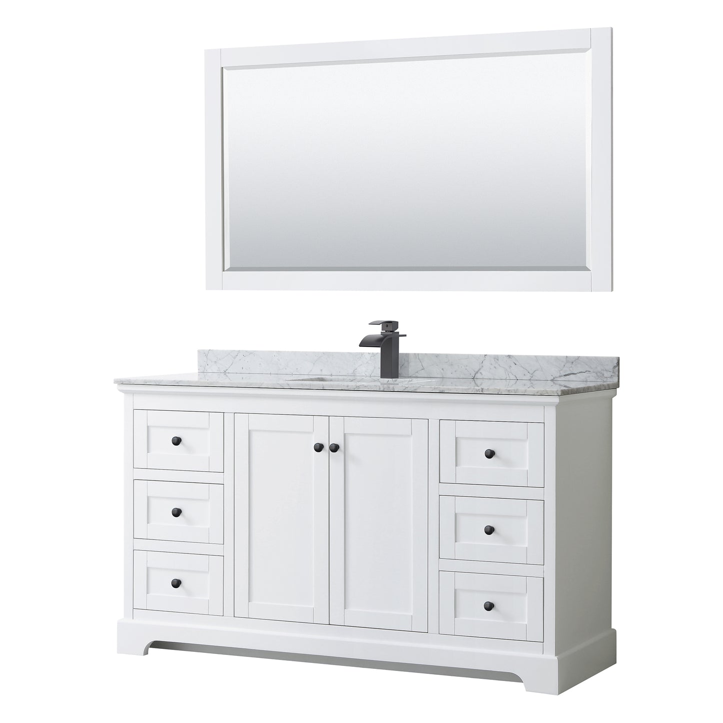 Avery 60" Single Vanity in White, Top, Square Sink, Matte Black Trim, 58" Mirror