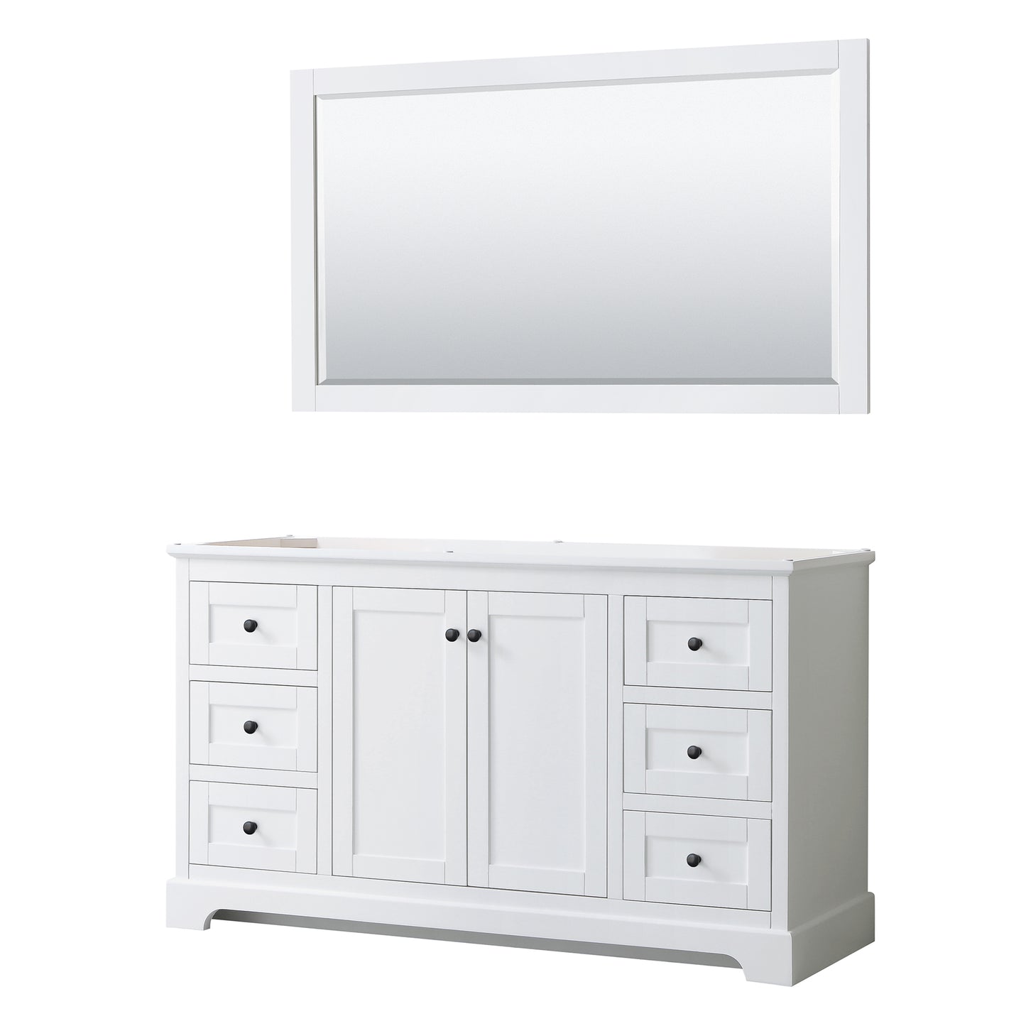 Avery 60" Single Vanity in White, No Top, No Sink, Matte Black Trim, 58" Mirror