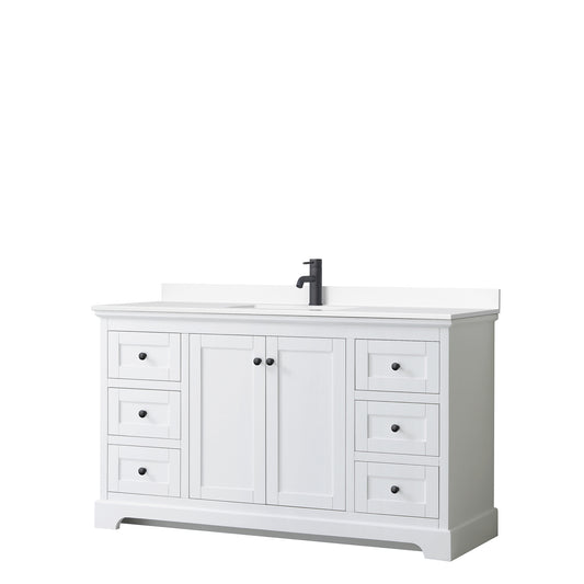 Avery 60" Single Vanity in White, White Cultured Marble Top, Black Trim