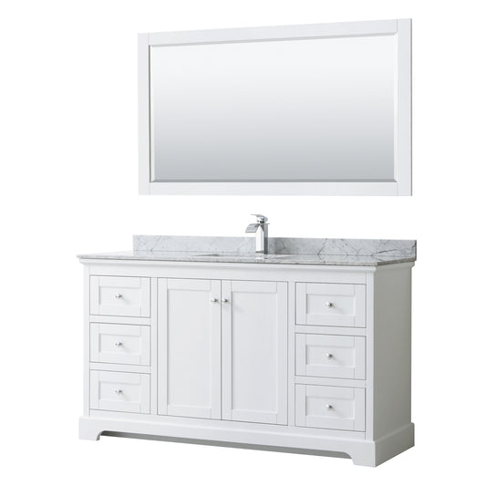 Avery 60 Inch Single Bathroom Vanity in White, White Carrara Marble Countertop, Undermount Square Sink, and 58 Inch Mirror