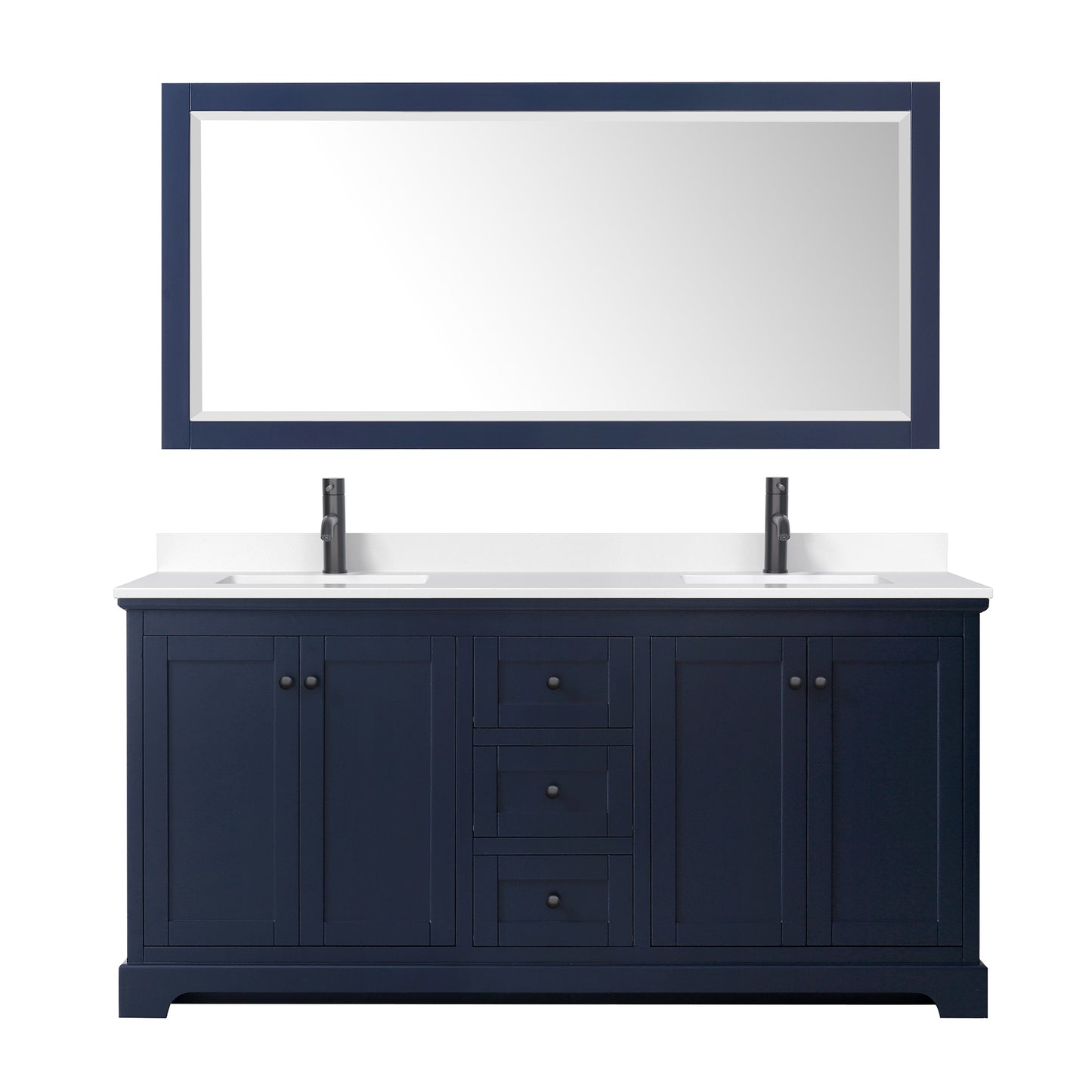 Avery 72" Double Vanity in Dark Blue, White Marble Top, Black Trim, 70" Mirror