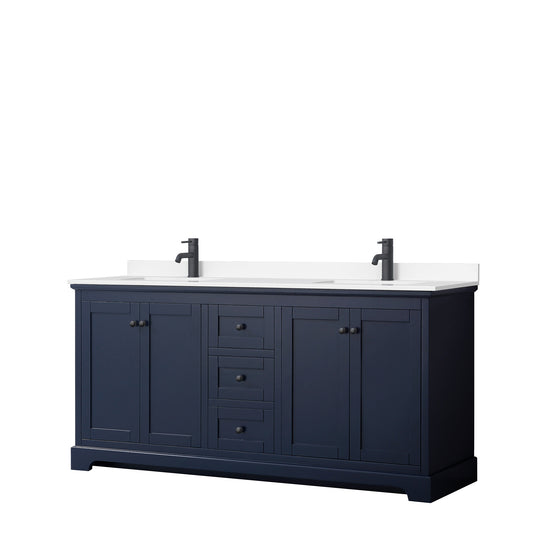 Avery 72" Double Vanity in Dark Blue, White Cultured Marble Top, Black Trim