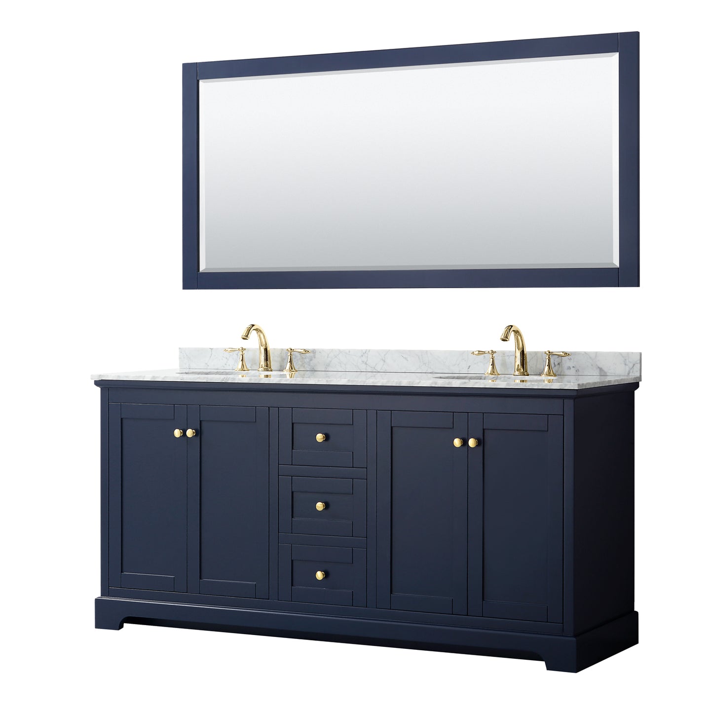 Avery 72 Inch Double Bathroom Vanity in Dark Blue, White Carrara Marble Countertop, Undermount Oval Sinks, and 70 Inch Mirror