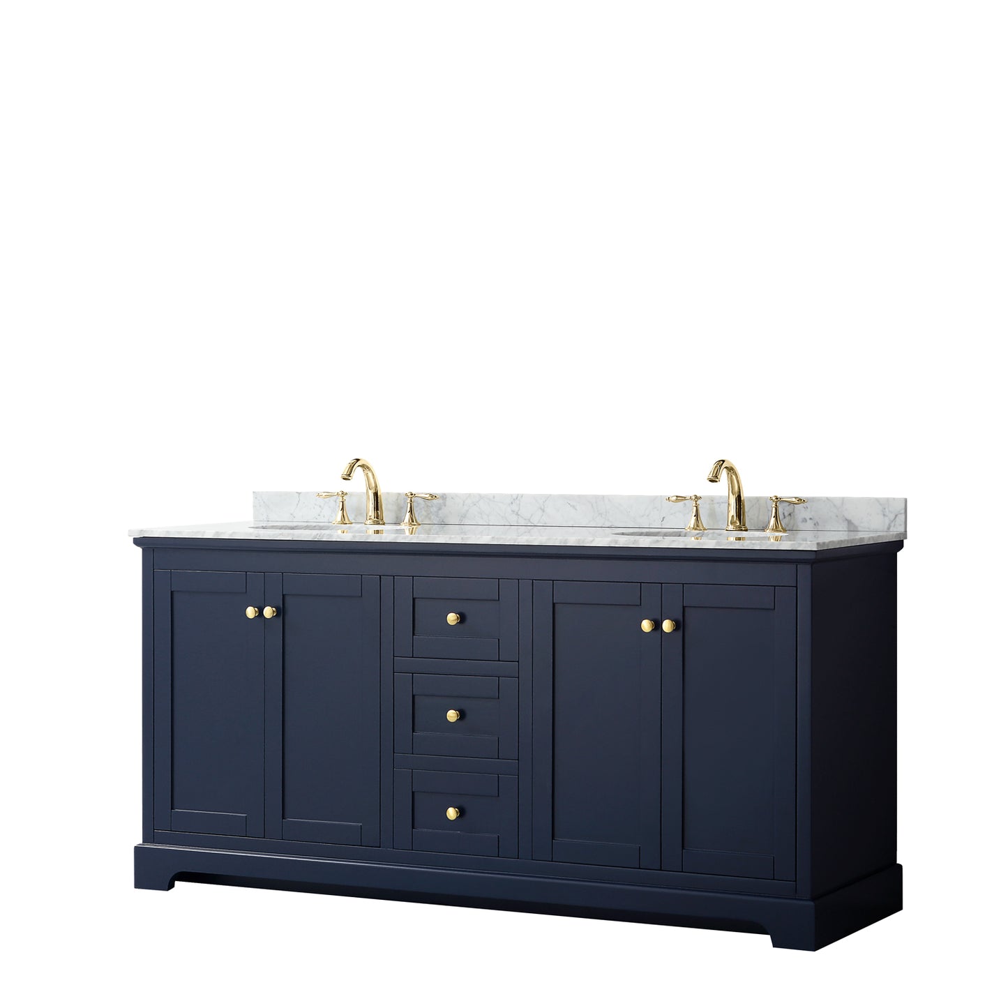 Avery 72 Inch Double Bathroom Vanity in Dark Blue, White Carrara Marble Countertop, Undermount Oval Sinks, and No Mirror