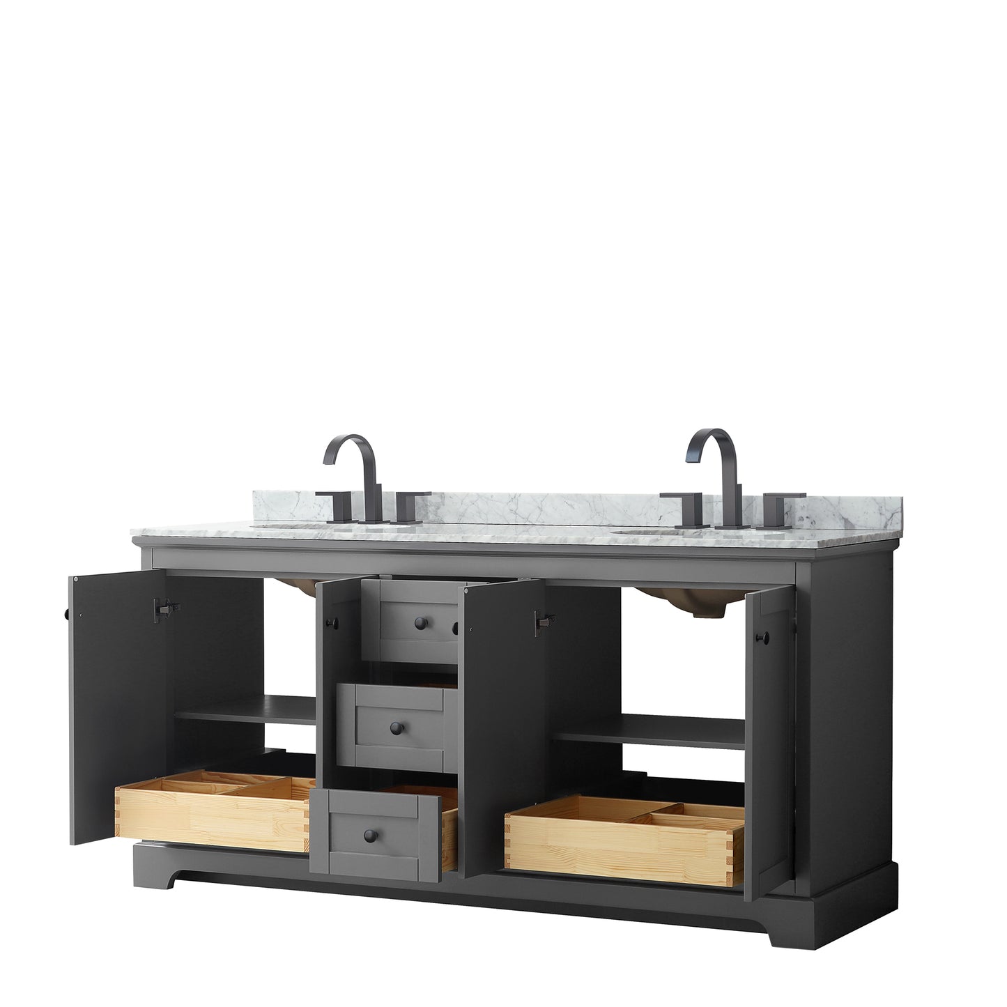 Avery 72" Double Vanity in Dark Gray, Top, Oval Sinks, Matte Black Trim