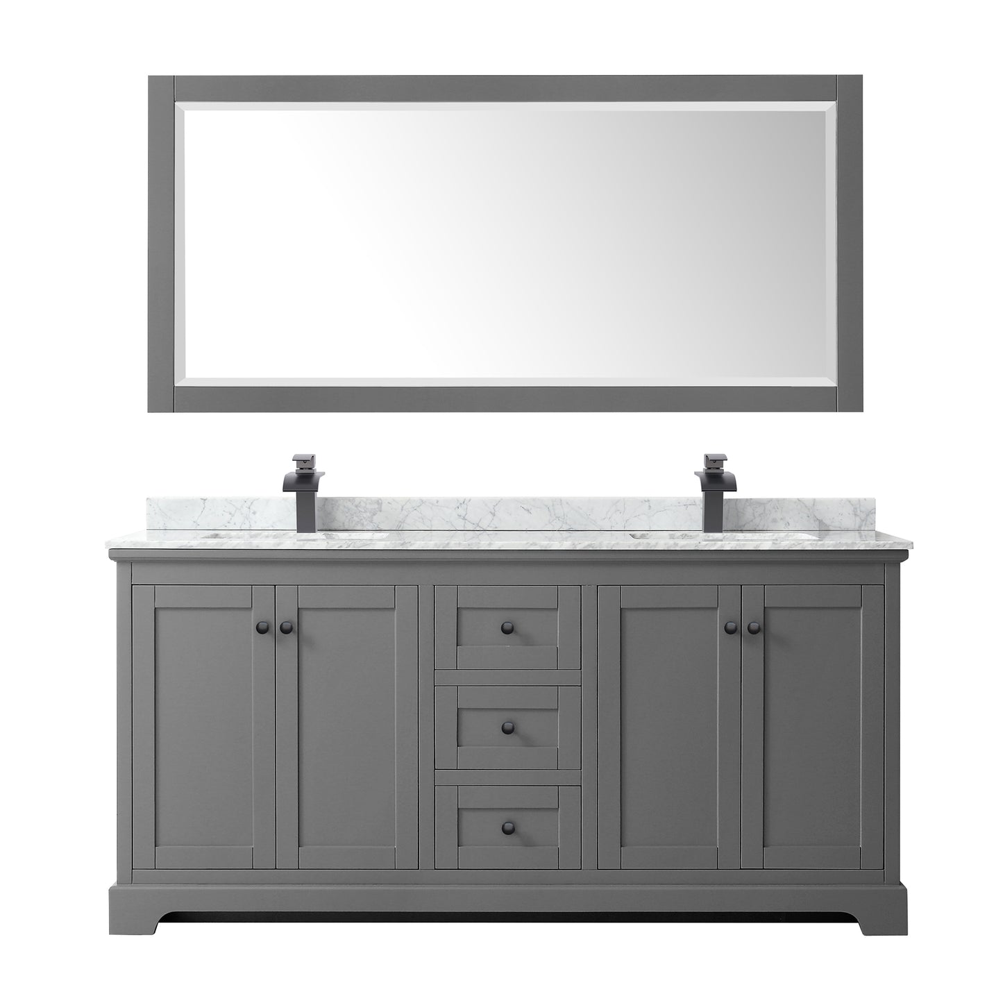 Avery 72" Double Vanity in Dark Gray, Top, Square Matte Black Trim, 70" Mirror