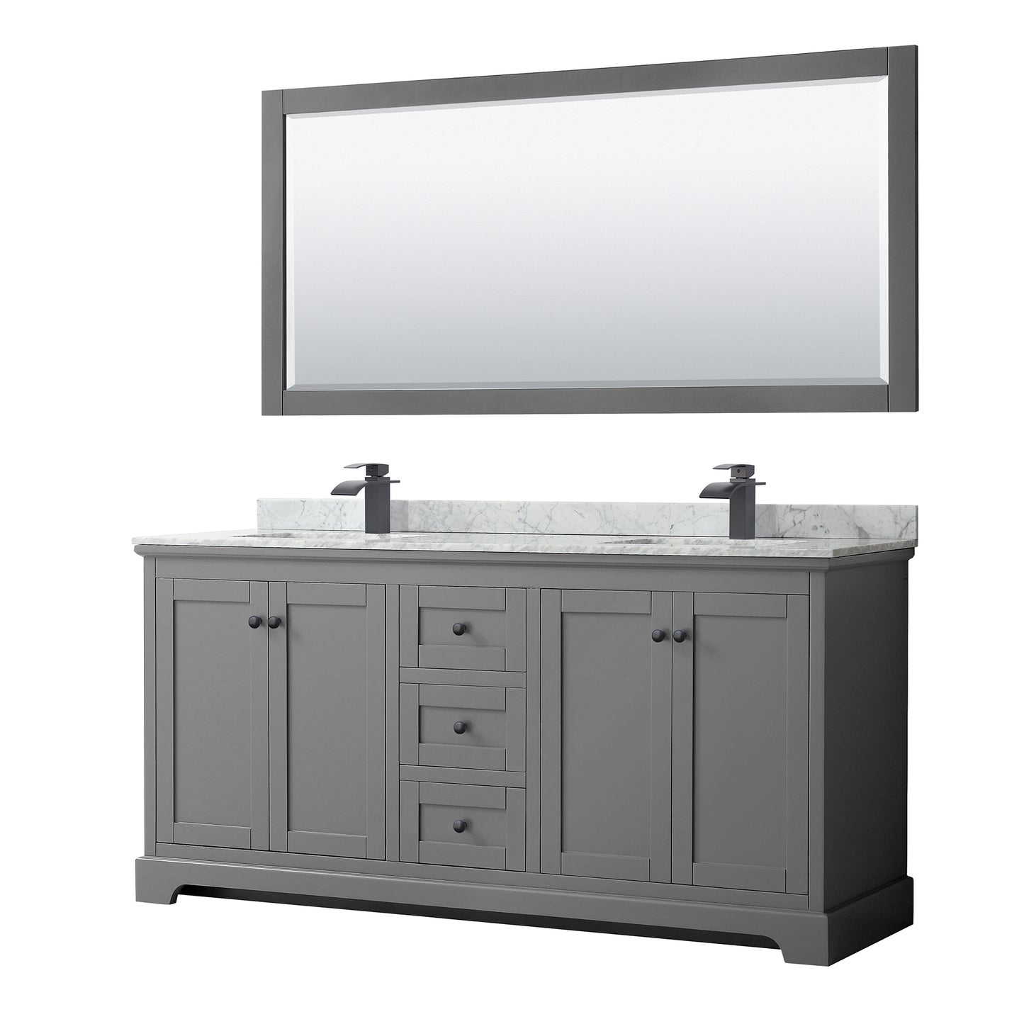 Avery 72" Double Vanity in Dark Gray, Top, Square Matte Black Trim, 70" Mirror