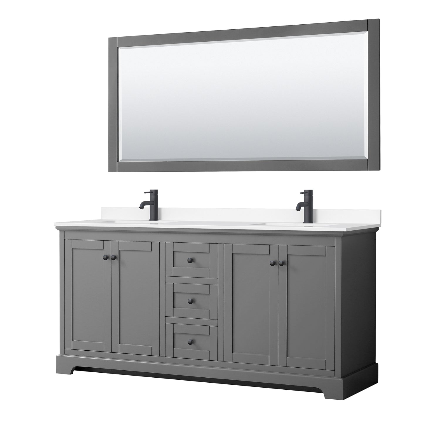 Avery 72" Double Vanity in Dark Gray, White Marble Top, Black Trim, 70" Mirror
