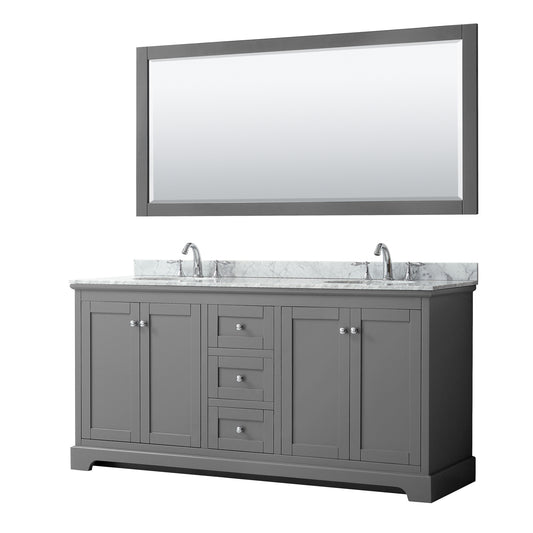 Avery 72 Inch Double Bathroom Vanity in Dark Gray, White Carrara Marble Countertop, Undermount Oval Sinks, and 70 Inch Mirror