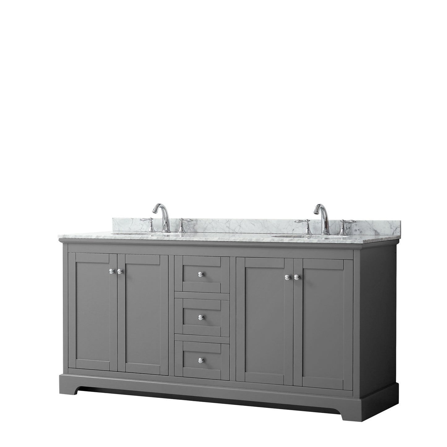 Avery 72 Inch Double Bathroom Vanity in Dark Gray, White Carrara Marble Countertop, Undermount Oval Sinks, and No Mirror