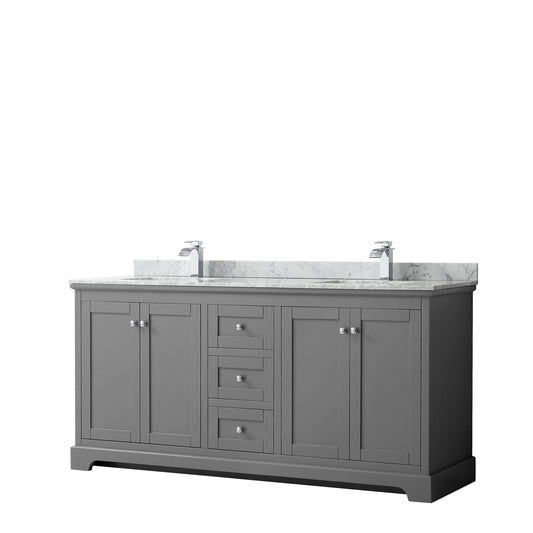 Avery 72 Inch Double Bathroom Vanity in Dark Gray, White Carrara Marble Countertop, Undermount Square Sinks, and No Mirror