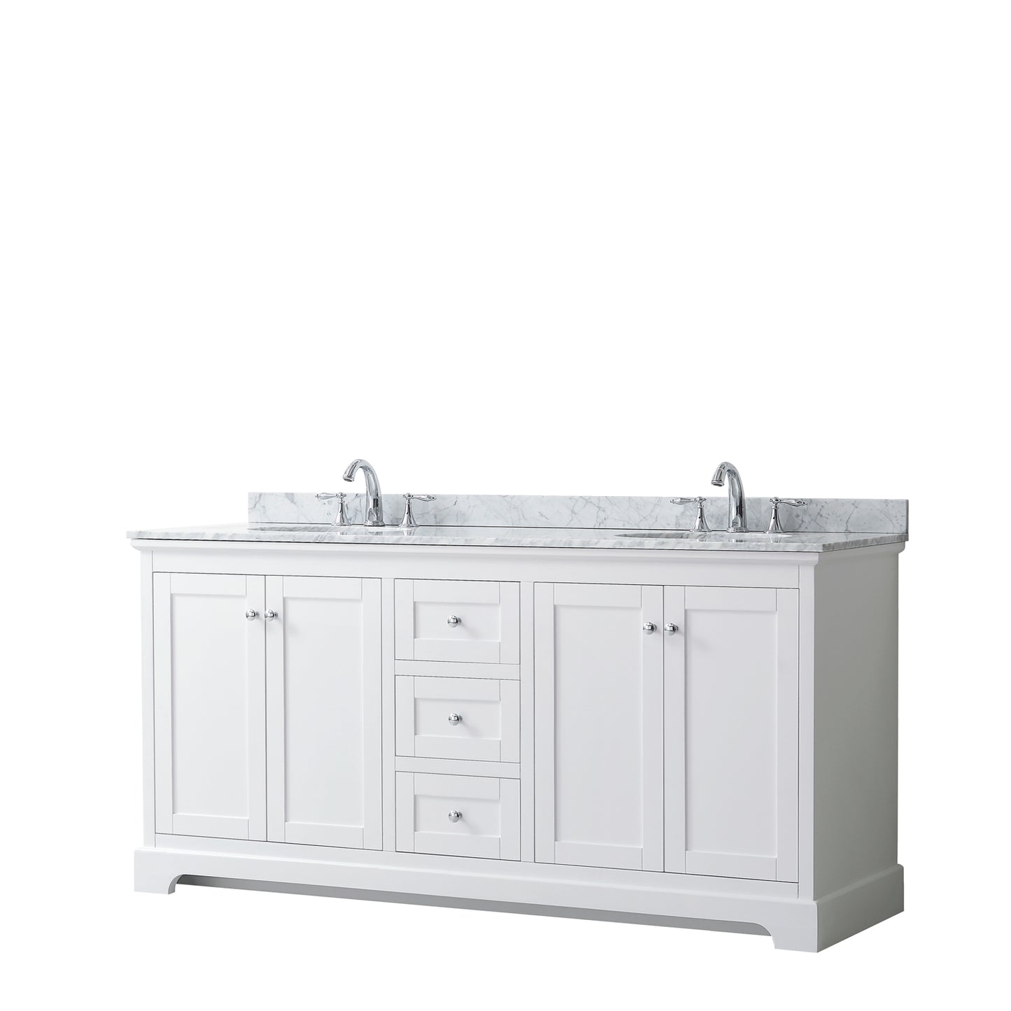 Avery 72 Inch Double Bathroom Vanity in White, White Carrara Marble Countertop, Undermount Oval Sinks, and No Mirror