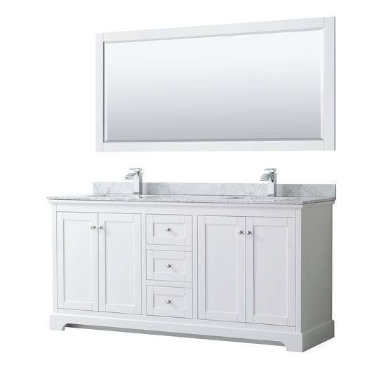 Avery 72 Inch Double Bathroom Vanity in White, White Carrara Marble Countertop, Undermount Square Sinks, and 70 Inch Mirror